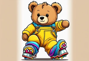 A light brown teddy bear in yellow overalls and rainbow skates tattoo idea
