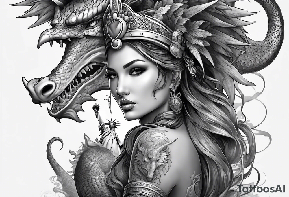 Hot girl as Statue of Liberty with dragon protecting her, full head tattoo idea
