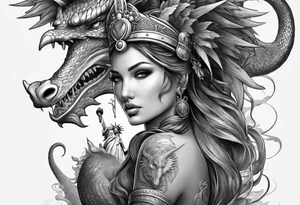 Hot girl as Statue of Liberty with dragon protecting her, full head tattoo idea