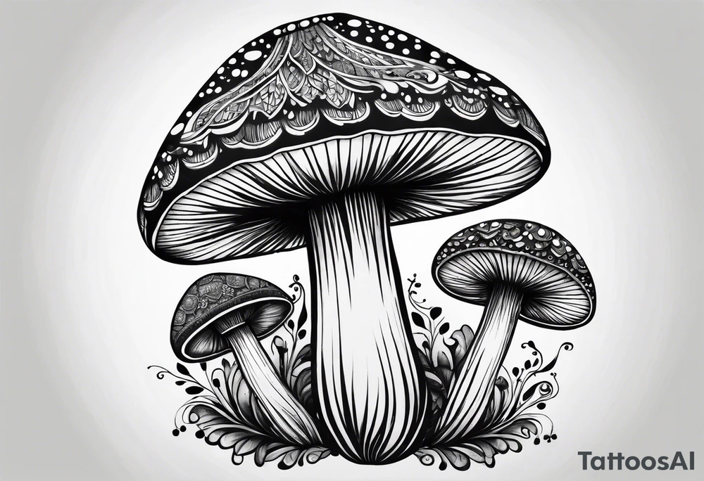 Large Shaggy cap mushroom dripping ink off cap with 4 smaller mushrooms around it mandala henna black tattoo design tattoo idea