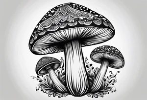 Large Shaggy cap mushroom dripping ink off cap with 4 smaller mushrooms around it mandala henna black tattoo design tattoo idea