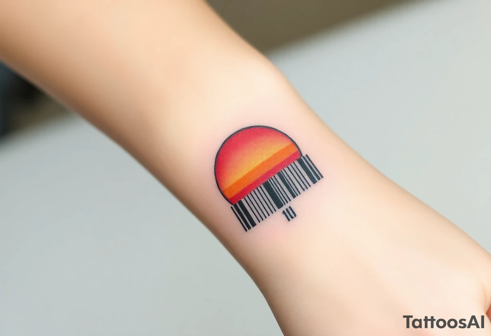 A barcode that transitions into a rising sun in red, orange and pink color tattoo idea