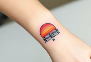 A barcode that transitions into a rising sun in red, orange and pink color tattoo idea