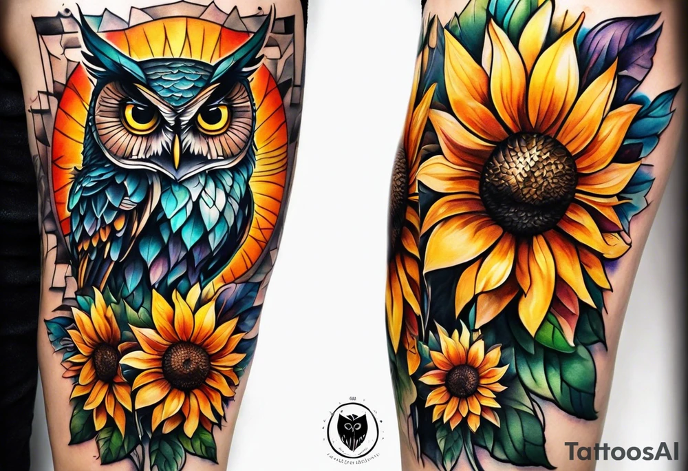 Leg sleeve with colorful sunflowers and an owl tattoo idea