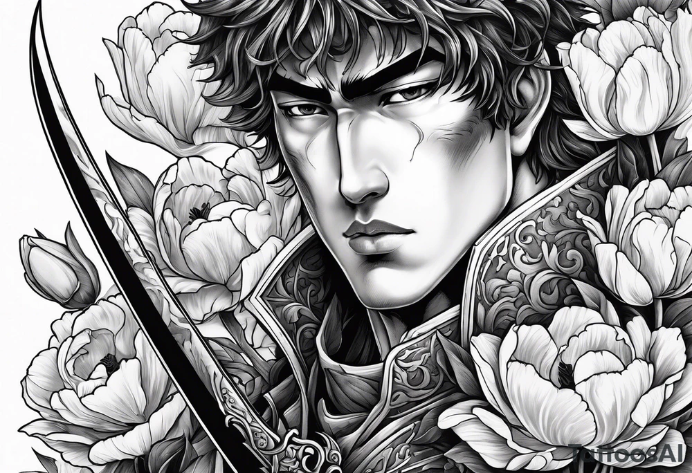 close up of ther face a berserk theme tattoo of guts with his sword on a land of flowers - tulips and peonys tattoo idea