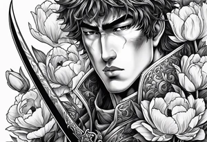 close up of ther face a berserk theme tattoo of guts with his sword on a land of flowers - tulips and peonys tattoo idea