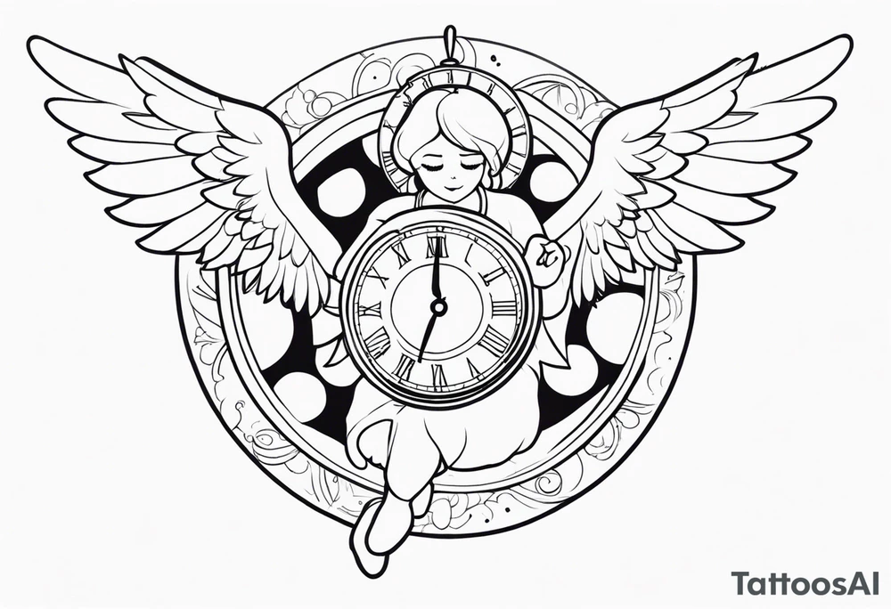Cartoon angel holding a clock tattoo idea