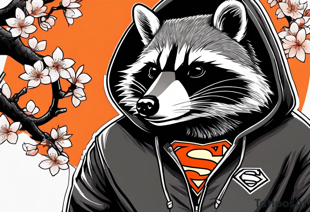 Raccoon wearing a white Superman logo on a black hoodie and orange Japanese cherry blossoms beside tattoo idea