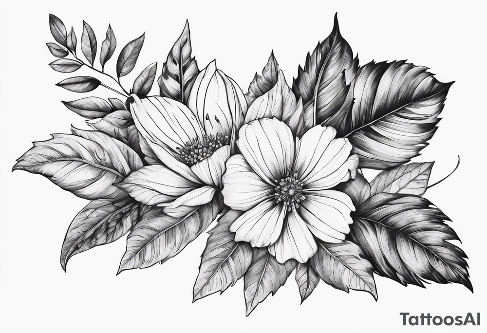 Leaves with Flower Details Long tattoo idea