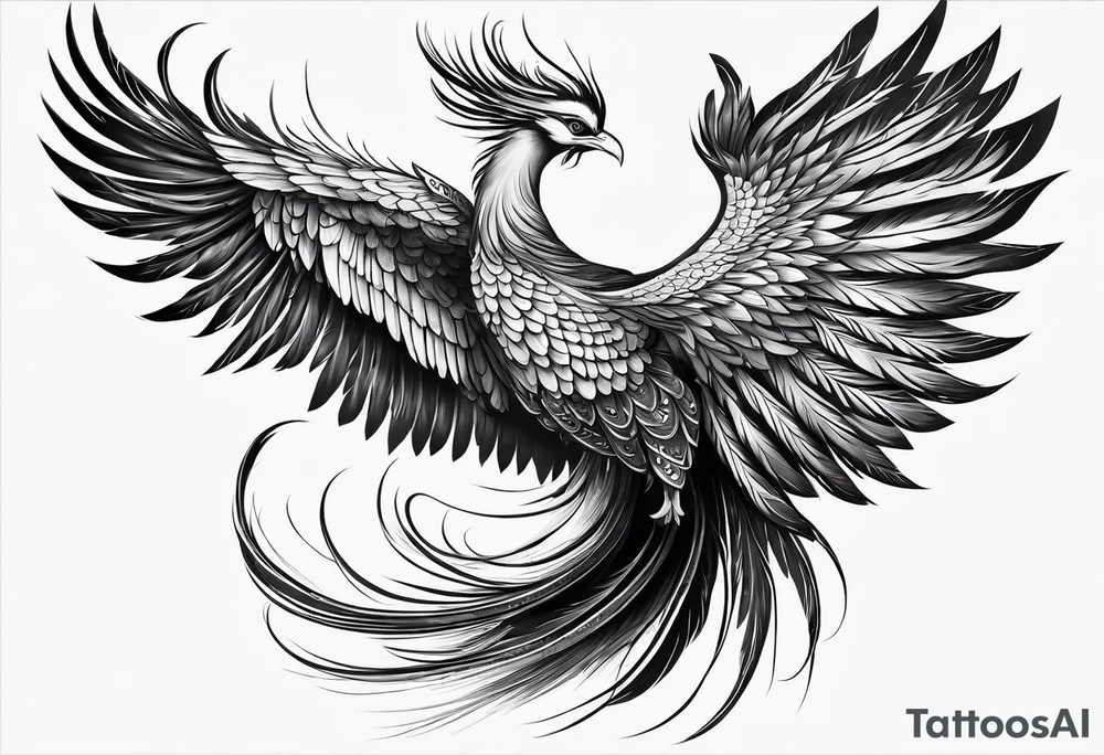 asian elegant long feathered phoenix
in flight with a long neck tattoo idea