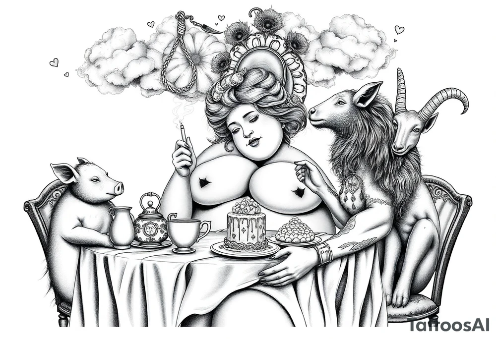 naked fat lady having a tea party with tea pots and 
with a pig, peacock, noose, lion, goat, smoking cigerettes looking in the mirror having sex with a man eating a cake thru storm clouds with knife and broken hearts and darkness tattoo idea