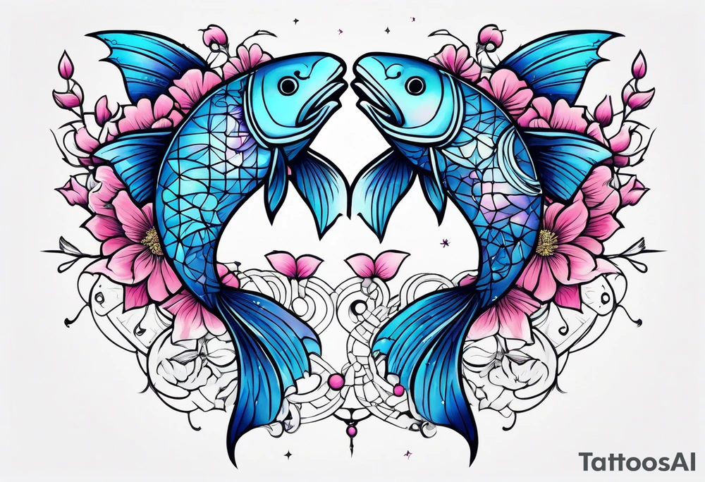 A 1/2 sleeve with 2 pisces fish one pink one blue incorporate sigils and cosmos in background tattoo idea