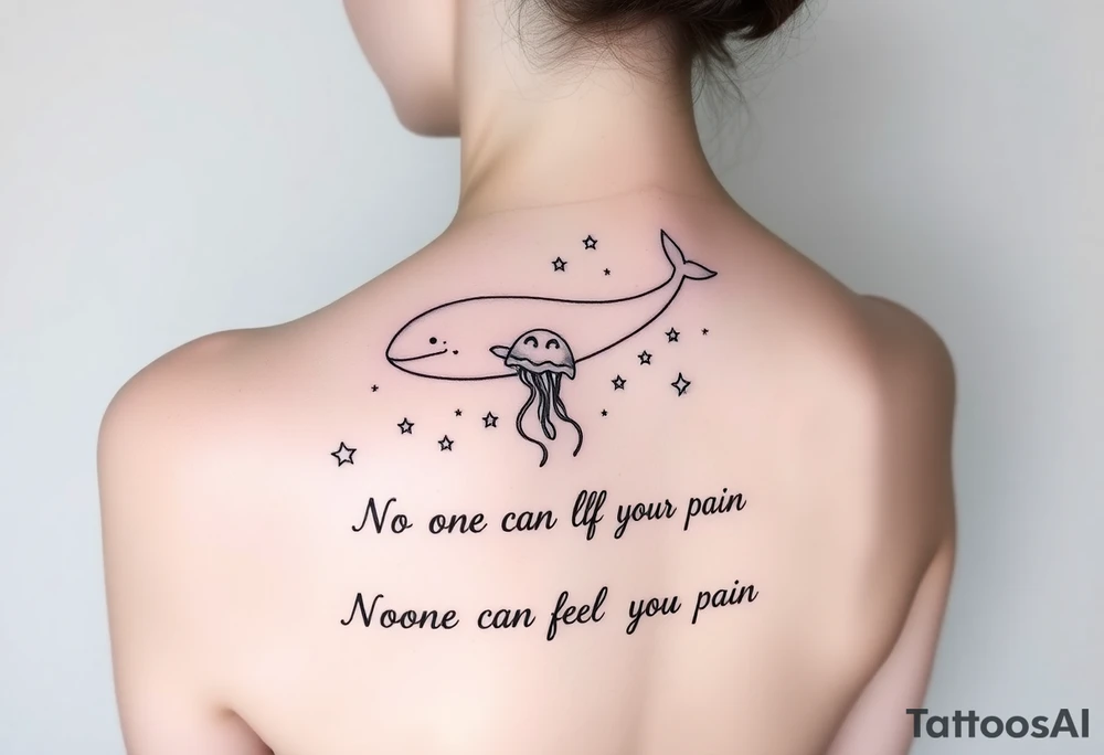 52hz Whale and jellyfish among the stars with the words No one can feel your pain 5x5 size tattoo idea