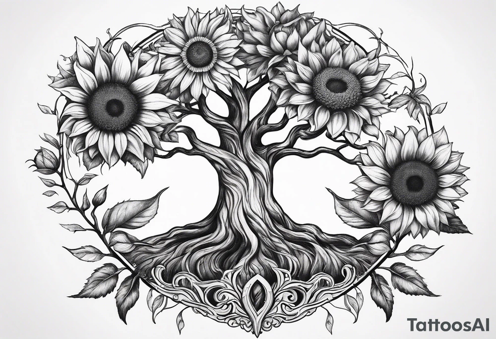 Feminine Yggdrasil tree with 2 sunflowers tattoo idea
