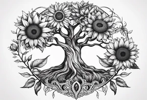 Feminine Yggdrasil tree with 2 sunflowers tattoo idea