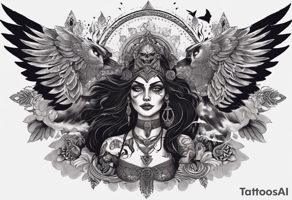 black kali, goddess pirate, alien, angel, pachamama, valkrye, warrior, flying, skull, lotus azul, wing, eagle, zenza resonance, stars, 5D, anahata chakra, death, durga, riding on a tiger, flying lady, chest tatoo tattoo idea