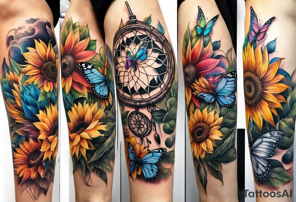 Quarter Leg sleeve with dreamcatcher, rainbow sunflowers and one butterfly tattoo idea
