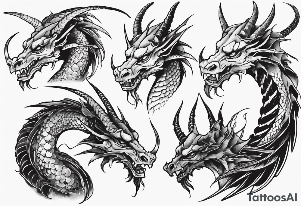 long dragon with horns, mane, scales tattoo idea