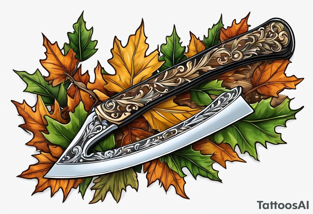 a straight razor lies in oak leaves. tattoo idea