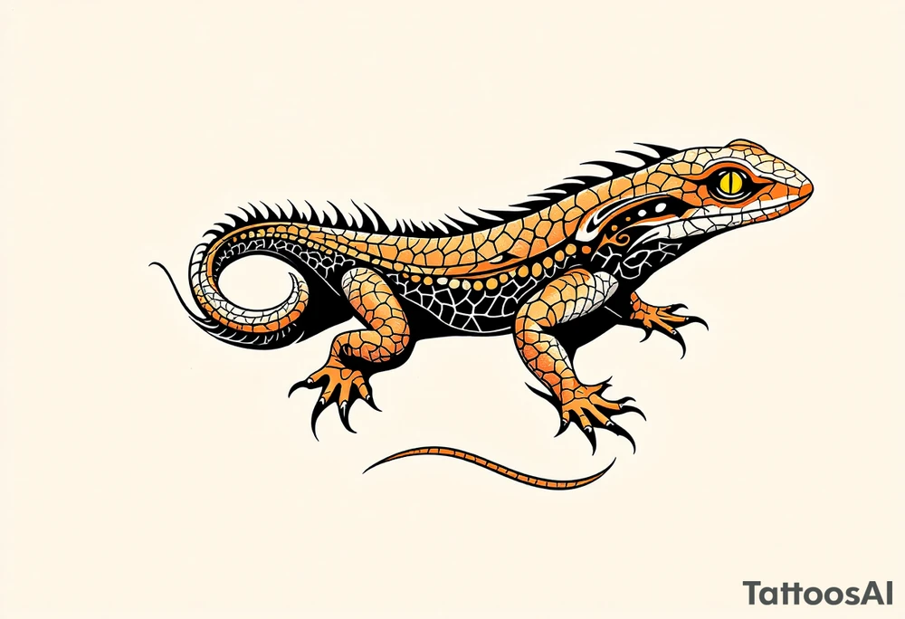 Tribal desert lizard with cracked earth texture – A sleek, agile lizard in motion, designed with tribal curves and sharp angles along its spine. Its skin mimics the pattern of sunbaked, cracked earth, blending tones of burnt orange, dusty brown, and charcoal black. The tail coils elegantly, forming a spiral, while the eyes gleam in golden yellow, symbolizing survival, transformation, and primal instincts. tattoo idea