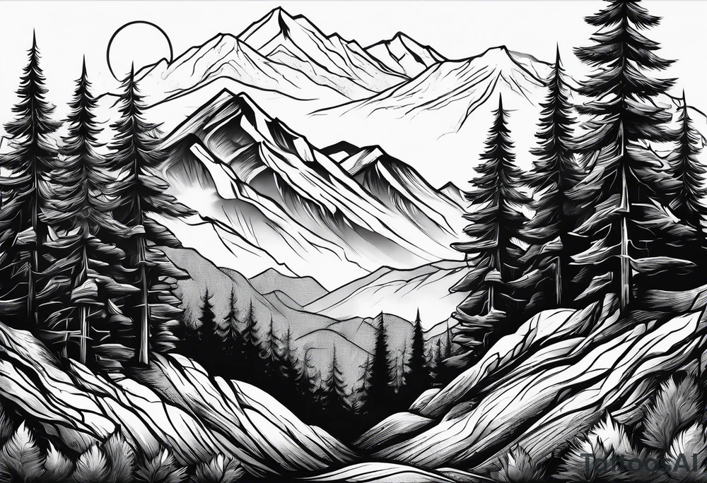 mountains and pine trees tattoo idea