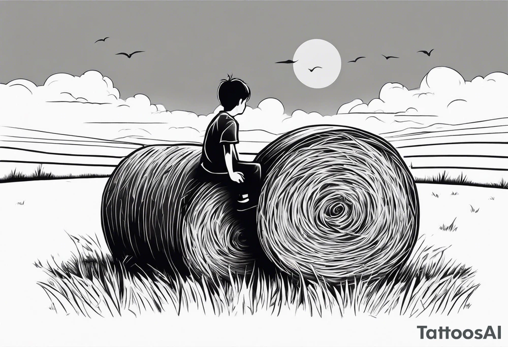 A boy sitting on top of a twisted bale of hay in a field where you can see the same bales of hay in the distance, and a tattoo idea