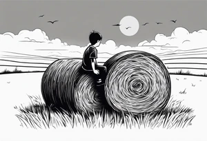 A boy sitting on top of a twisted bale of hay in a field where you can see the same bales of hay in the distance, and a tattoo idea