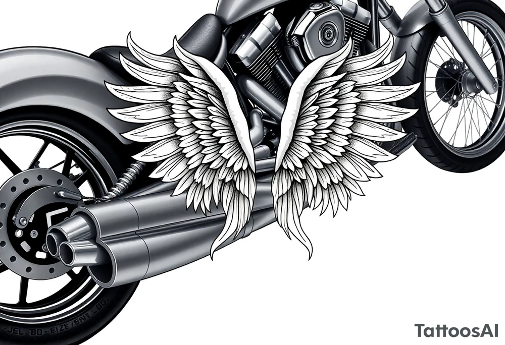 Low rider grey motorcycle, big muffler pipes with flames, angel wings tattoo idea
