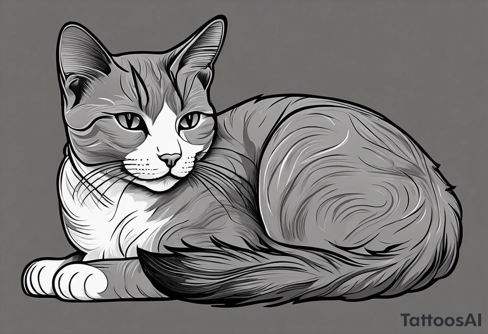 Simple line drawing of a grey cat white some small white patches on her belly and white paws. Face is all grey.  I want her curled up sleeping. She has short hair. tattoo idea