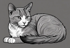 Simple line drawing of a grey cat white some small white patches on her belly and white paws. Face is all grey.  I want her curled up sleeping. She has short hair. tattoo idea