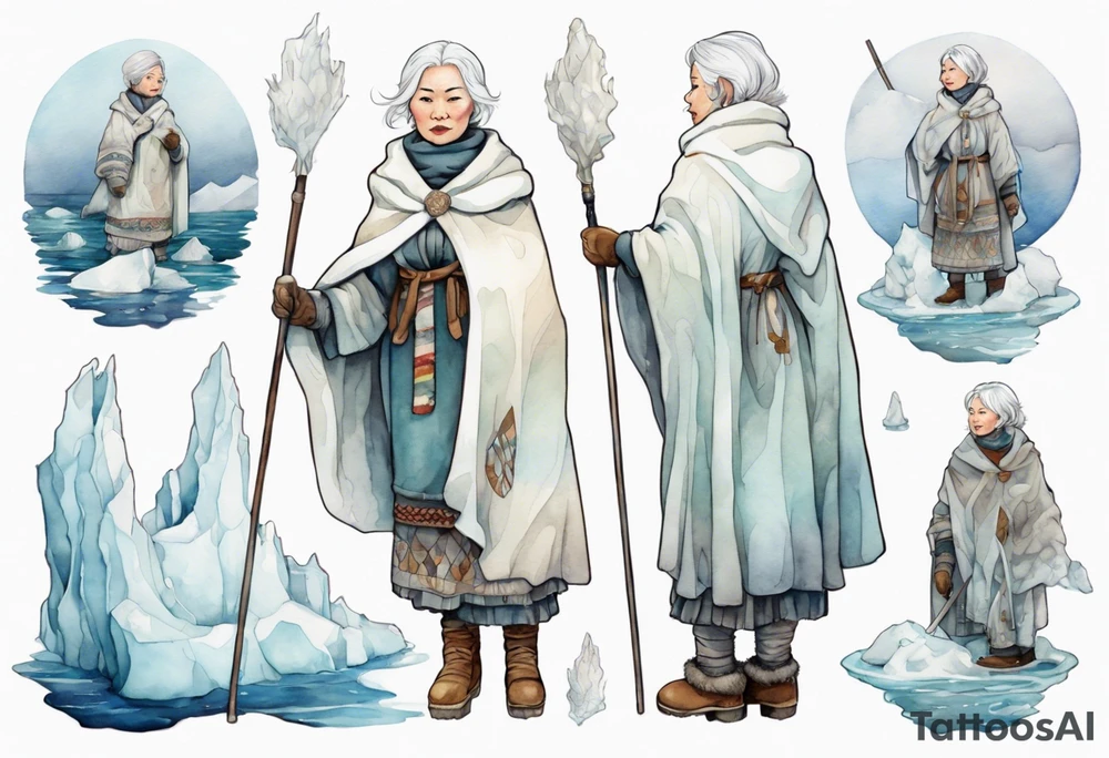 a middle aged Inuit woman with white hair, wearing mittens, wearing a white cloak, holding a white staff, wearing mukluks, standing on an iceberg in the sea tattoo idea