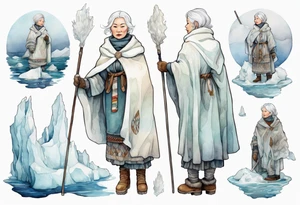a middle aged Inuit woman with white hair, wearing mittens, wearing a white cloak, holding a white staff, wearing mukluks, standing on an iceberg in the sea tattoo idea