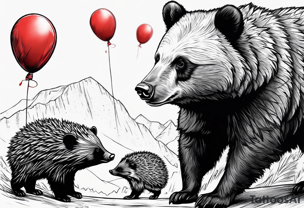 black bear and hedgehog, bear stands over comic hedgehog smiling, hedgehog has red balloon in hand, hedgehog stands on two feet. tattoo idea