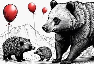 black bear and hedgehog, bear stands over comic hedgehog smiling, hedgehog has red balloon in hand, hedgehog stands on two feet. tattoo idea