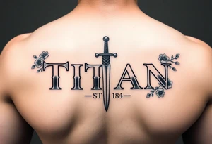Name ‘Titan’ with birthday, Greek mythology inspired font with mini swords the T in Titan is a sword with cherry blossoms flowers around tattoo idea