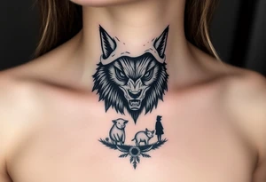 Scary Big bad wolf nursery rhyme wearing a sheep costume with sheep head as hood and eat the three little pigs and little red riding hood in the woods tattoo idea