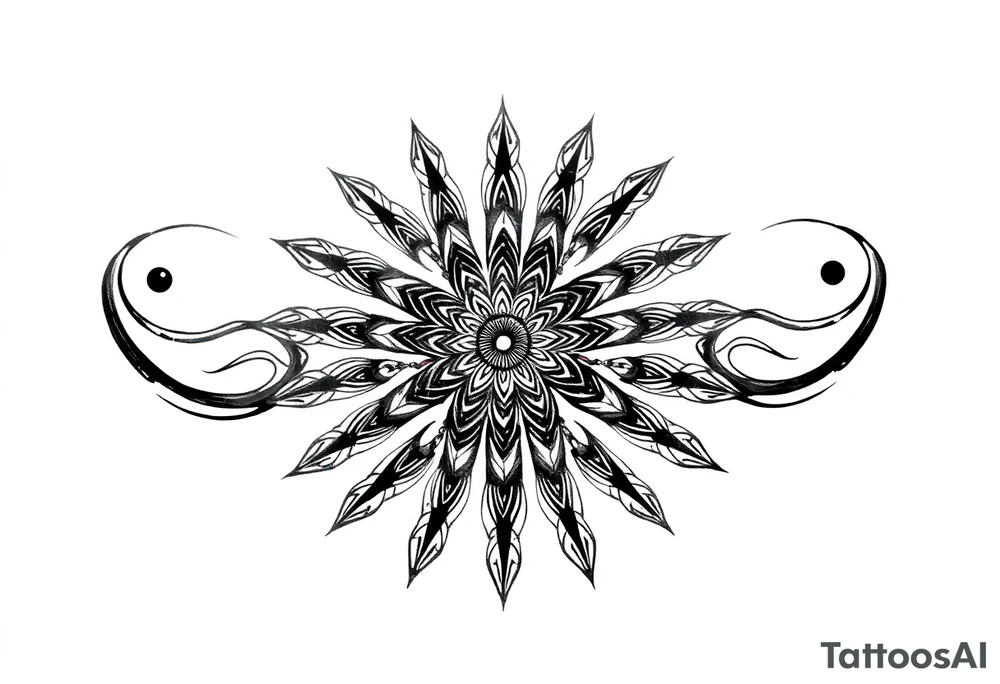 Mandala center with flowing black lines extending outward, blackwork tattoo design, spiritual energy, curved shapes, symmetrical but flowing, designed for sleeve expansion, -- no color, no text, minimal background, ink-style shading, centered, high-resolution, symmetrical or dynamic layout, tattoo-ready tattoo idea