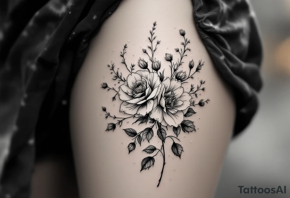 vintage bouquet of wild roses and meadow flowers with morning dew tattoo idea