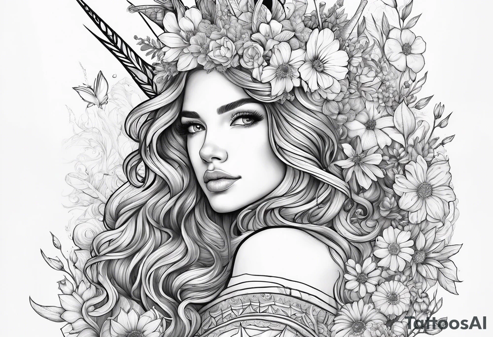 wildflowers and unicorn and warrior curly hair princess half sleeve tattoo idea