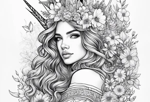 wildflowers and unicorn and warrior curly hair princess half sleeve tattoo idea