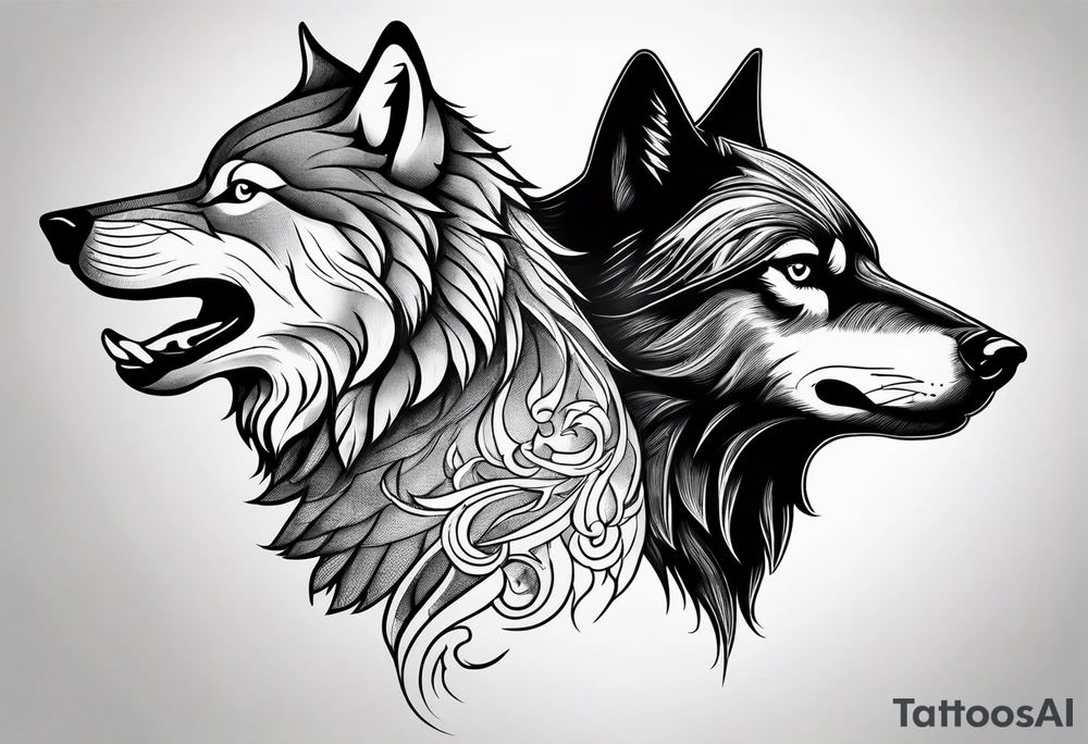 a wolf and a raven back to back facing opposite direction tattoo idea