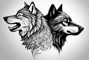a wolf and a raven back to back facing opposite direction tattoo idea