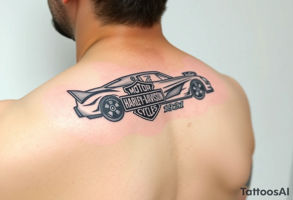 An arm tattoo with the original Dale Earnhardt car on it with the year 1958-2021 intertwined with a Harley-Davidson with a Budweiser logo on it tattoo idea