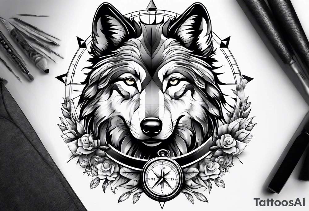 Wolf over toddle face with compass tattoo idea