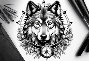 Wolf over toddle face with compass tattoo idea