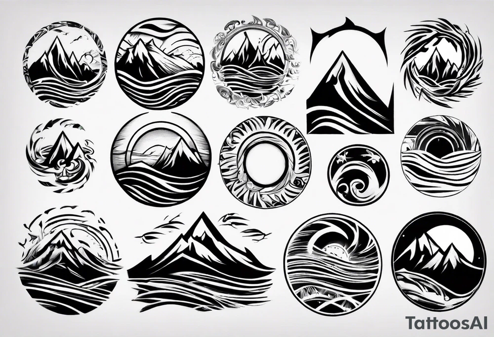 sleeve, mountains, waves, sun tattoo idea
