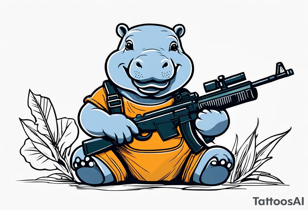 Baby hippo wearing overalls with bandolier over chest and holding a machine gun tattoo idea