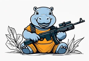 Baby hippo wearing overalls with bandolier over chest and holding a machine gun tattoo idea