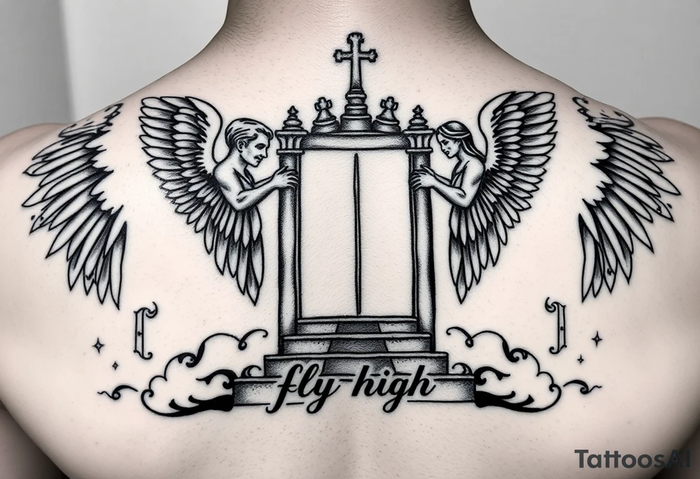 Chess tattoo and black & white realistic.
 2 angels, one on each side of heaven'sthat's great with the male big ear walking up the steps and a woman Andrew over the top.  Of the gates have body on my neck in the middmetal with text saying fly high baby boy tattoo idea
