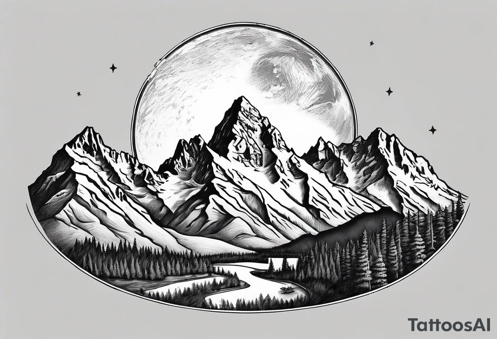 Half sleeve of Teton mountain range with moon in sky tattoo idea